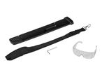 Black scabbard, shoulder strap, hex key, and clear safety glasses on a white background.