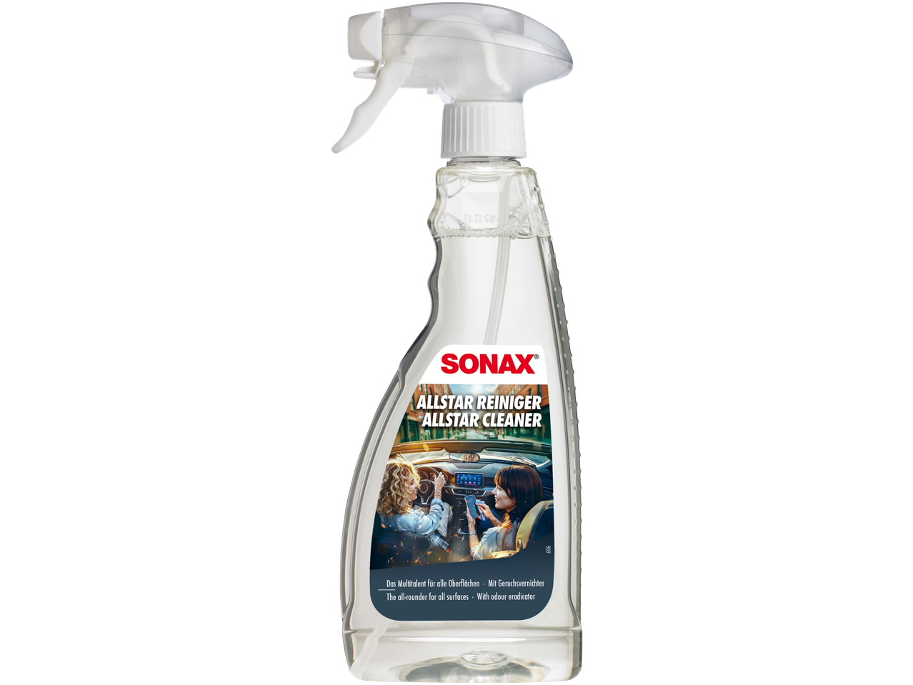 Reinigingsspray voor auto-interieur met twee vrouwen in een auto die oppervlakken schoonmaken.