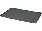 A dark gray rectangular silicone pet feeding mat with a textured surface.
