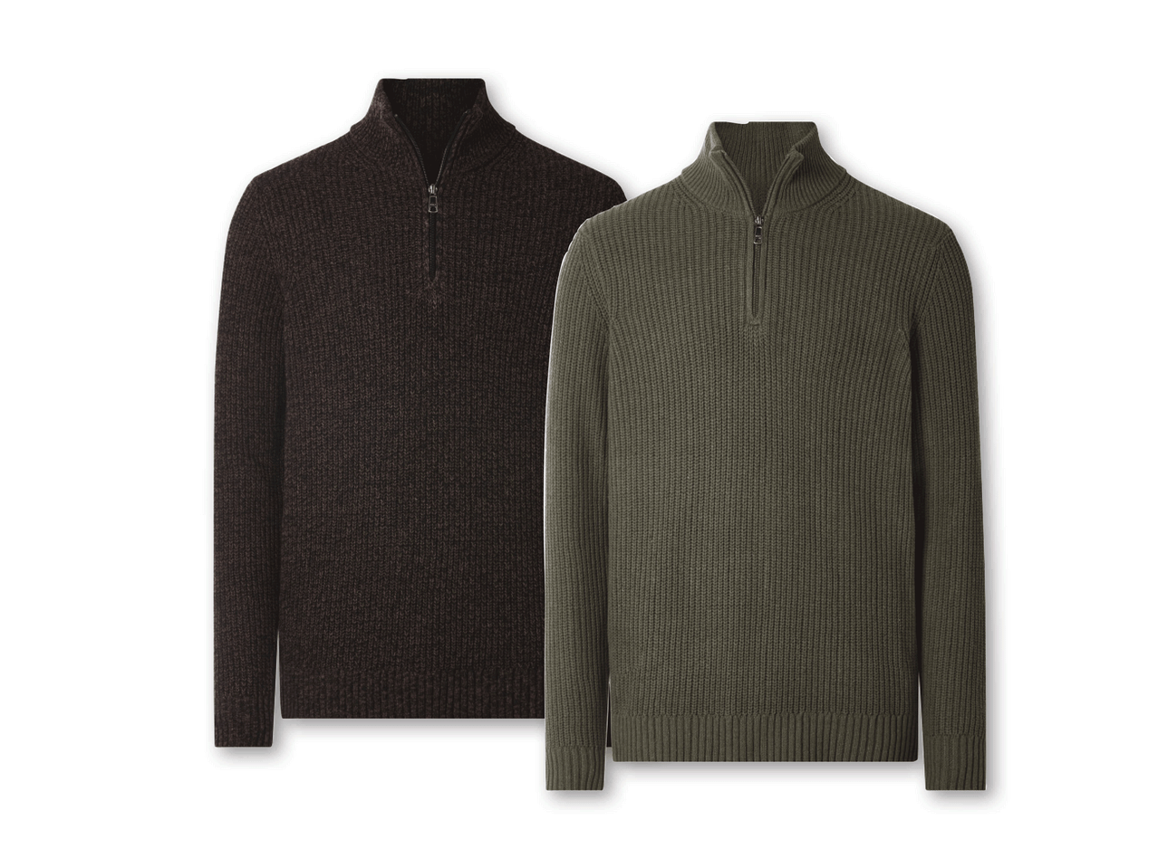 Dvi vyriškos megztos palaidinės su užtrauktuku: tamsiai ruda ir chaki spalvos.