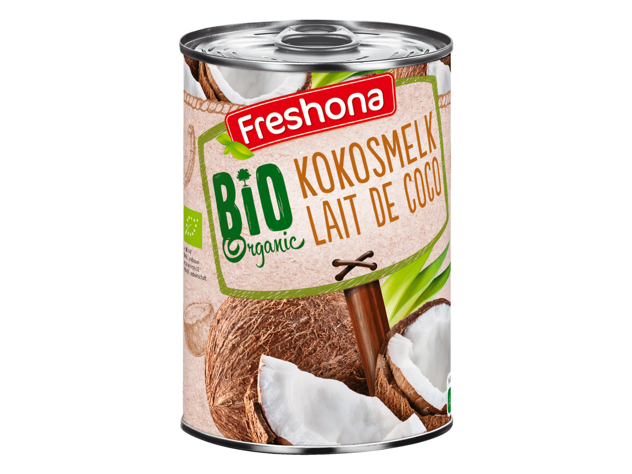 Freshona Bio Kokosmelk blik met hele en gebroken kokosnoten.