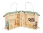 Wooden toy barn with farm animal illustrations, open to reveal two sections.