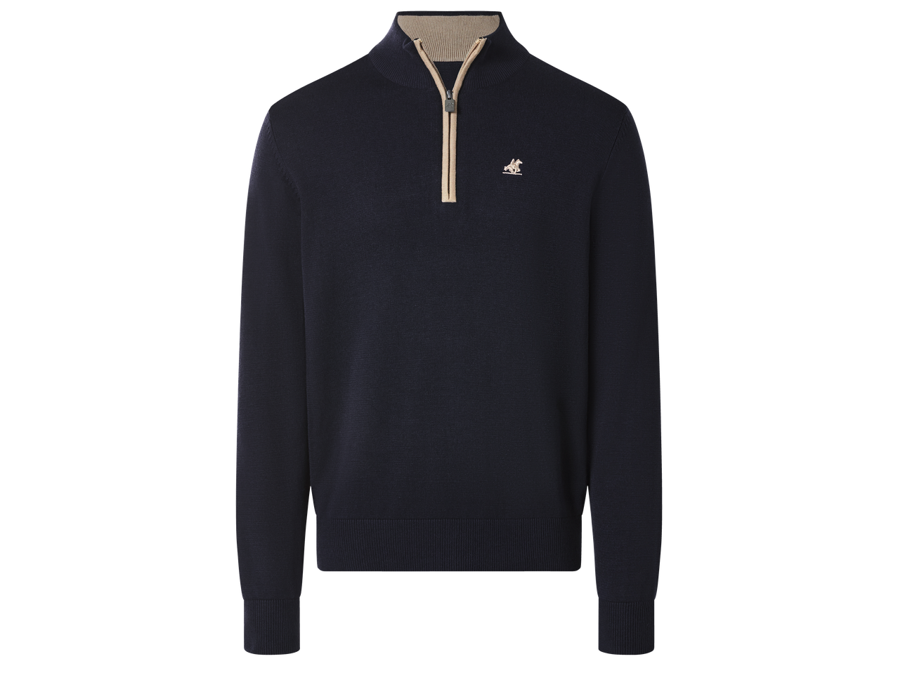 Тъмносин мъжки пуловер с цип на врата и бродирано лого на гърдите.