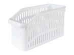 A white plastic storage basket with a divided interior.