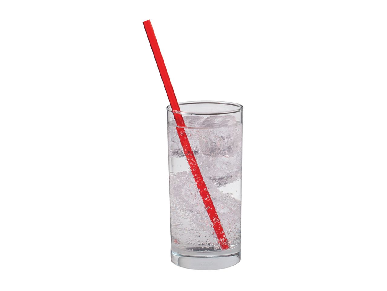 A glass of sparkling water with ice cubes and a red straw.