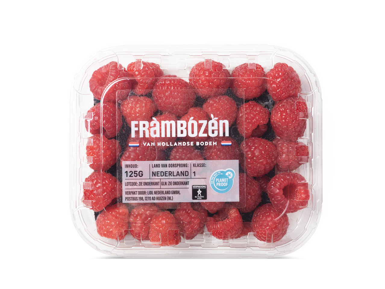 Een doorzichtige verpakking met frambozen, met een etiket met de tekst 'Frambozen van Hollandse Bodem' en '125G Nederland'.