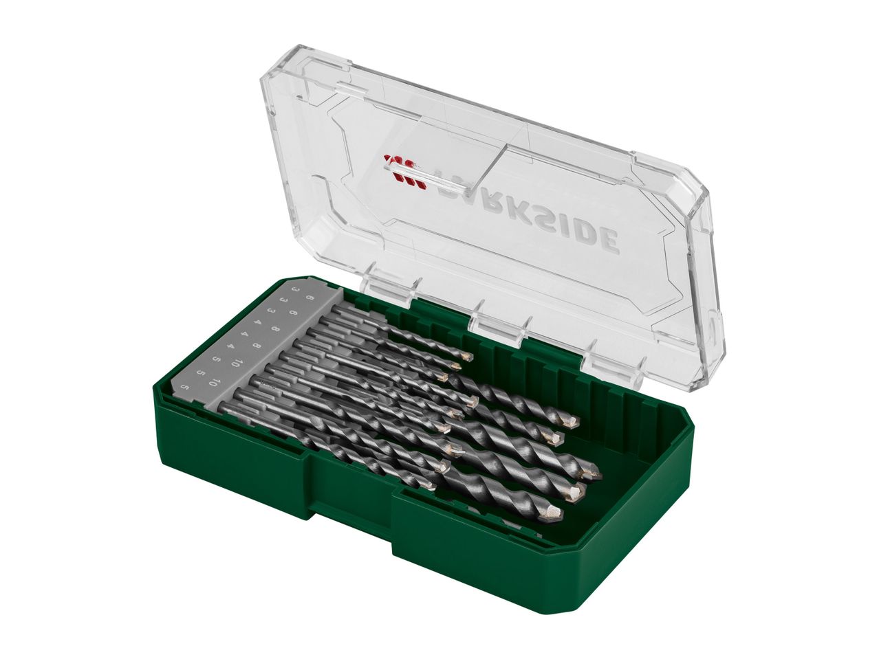 A green plastic case containing a set of small drill bits.