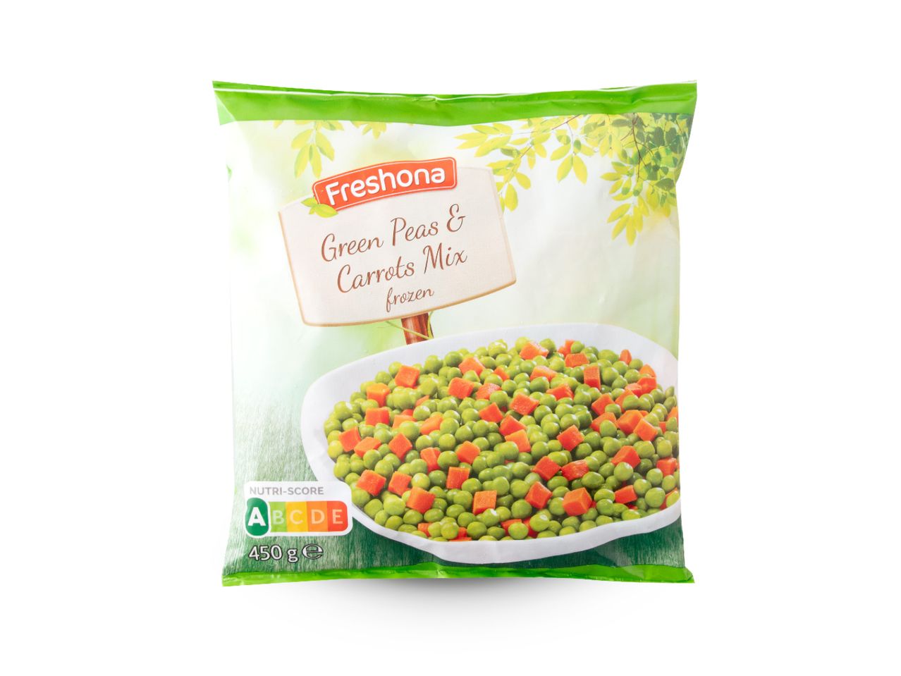 Freshona smrznuti miks zelenog graška i mrkve u vrećici od 450 g s Nutri-Score oznakom.