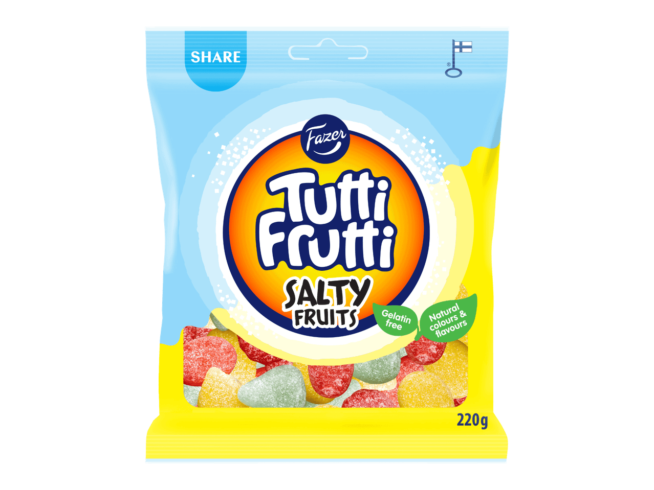 Pussi suolaisia hedelmäkarkkeja, joissa on teksti 'Tutti Frutti Salty Fruits' ja maininnat 'Gelatin free' ja 'Natural colours & flavours'.