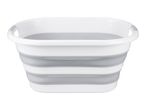 Collapsible plastic laundry basket in white and grey