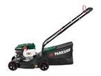 A black and green petrol lawnmower with a grass collection bag.