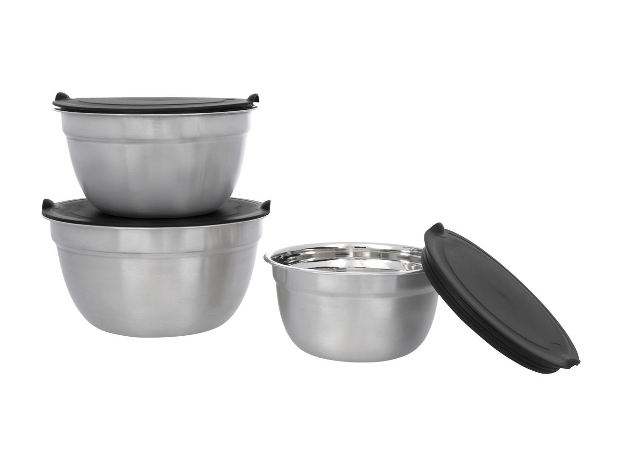 Stainless steel mixing bowls with black lids, two stacked and one with its lid off.