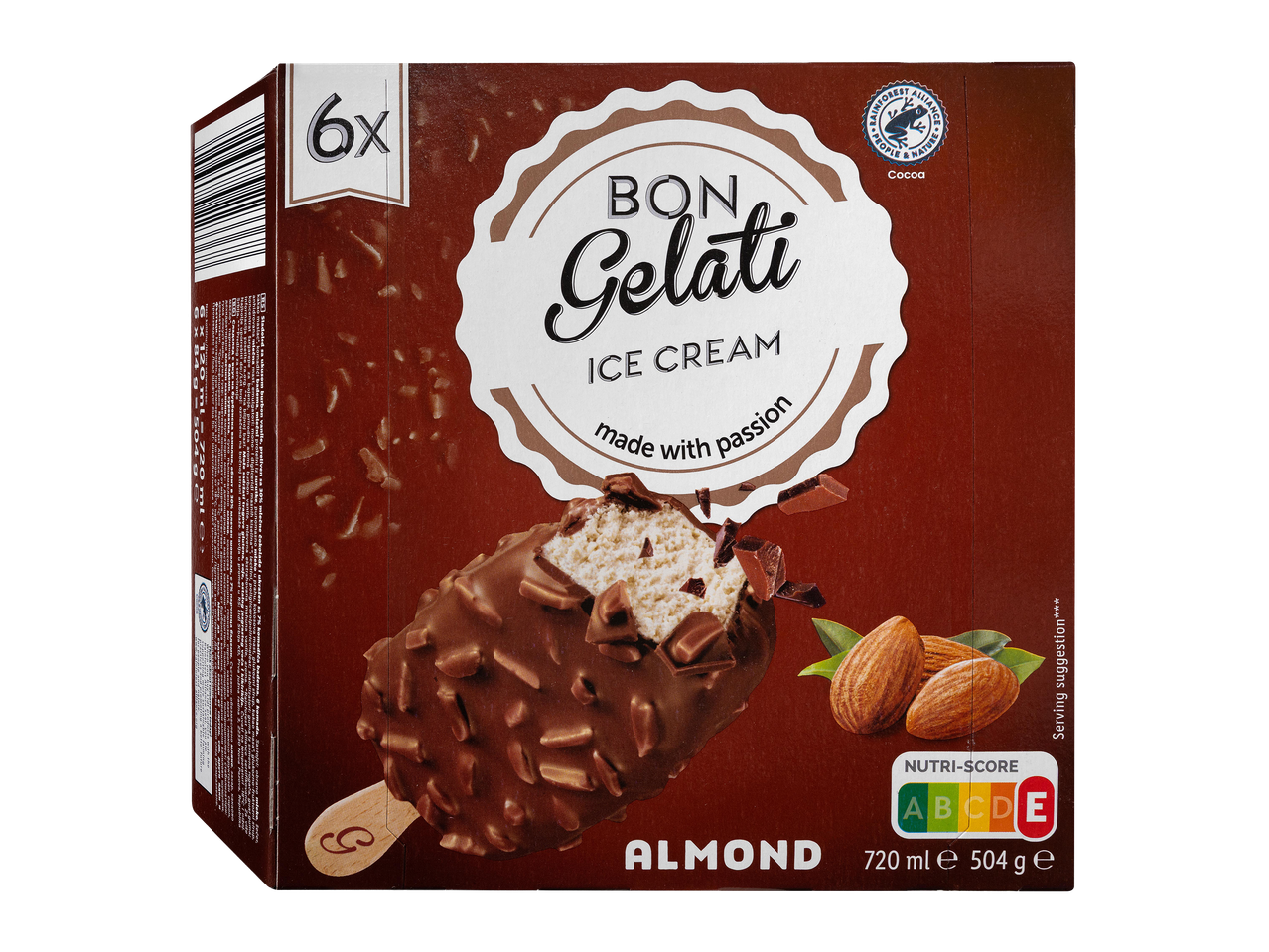Bon Gelati mandulás jégkrém 6 darabos kiszerelésben, Nutri-Score E jelöléssel.