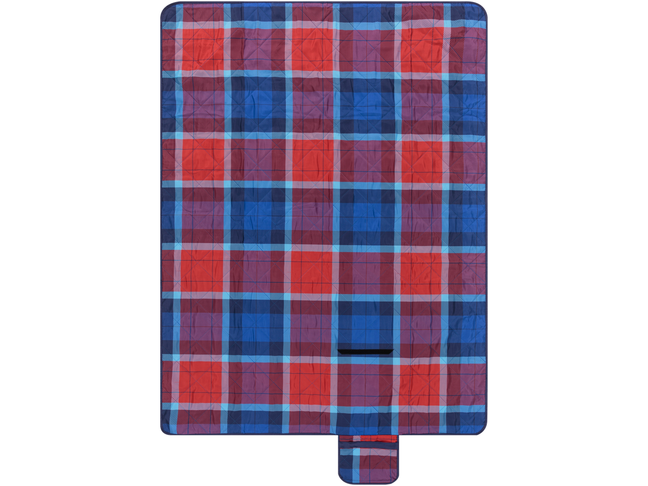 Cobreleito de piquenique com estojo acoplado, padrão xadrez vermelho e azul.