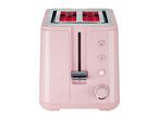 Pink 2-slice toaster with chrome accents and control buttons on a white background.