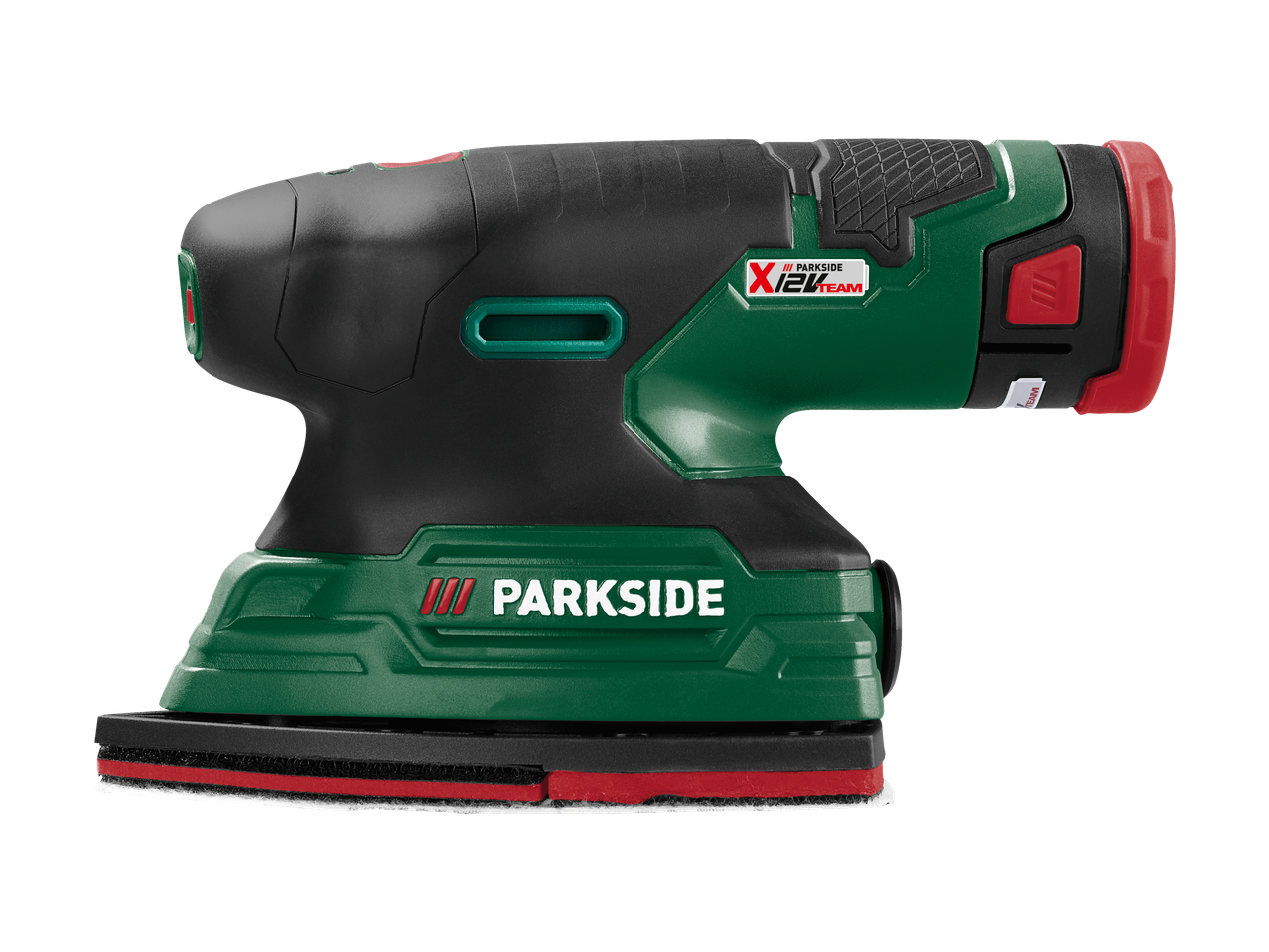 Șlefuitor cu acumulator PARKSIDE X 12 V Team, negru și verde, cu talpă de șlefuire roșie