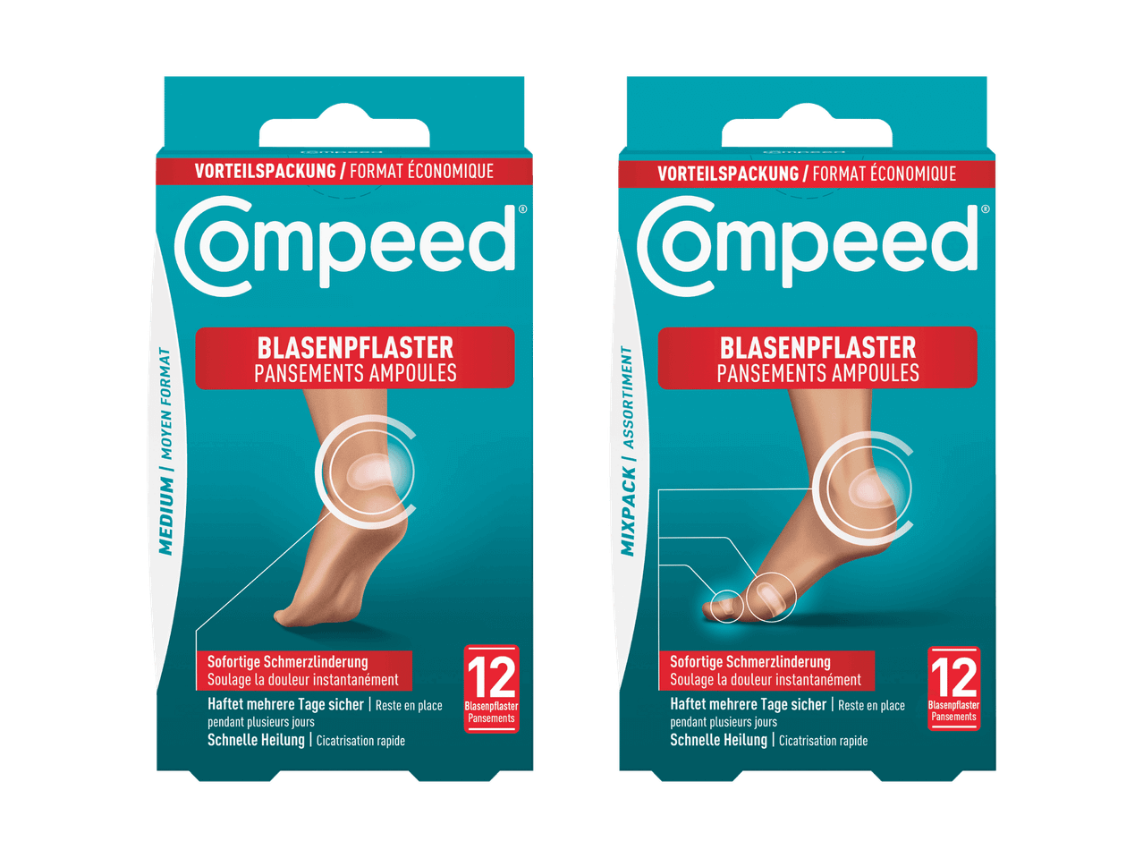 Deux paquets de pansements Compeed pour ampoules, un format moyen et un assortiment.