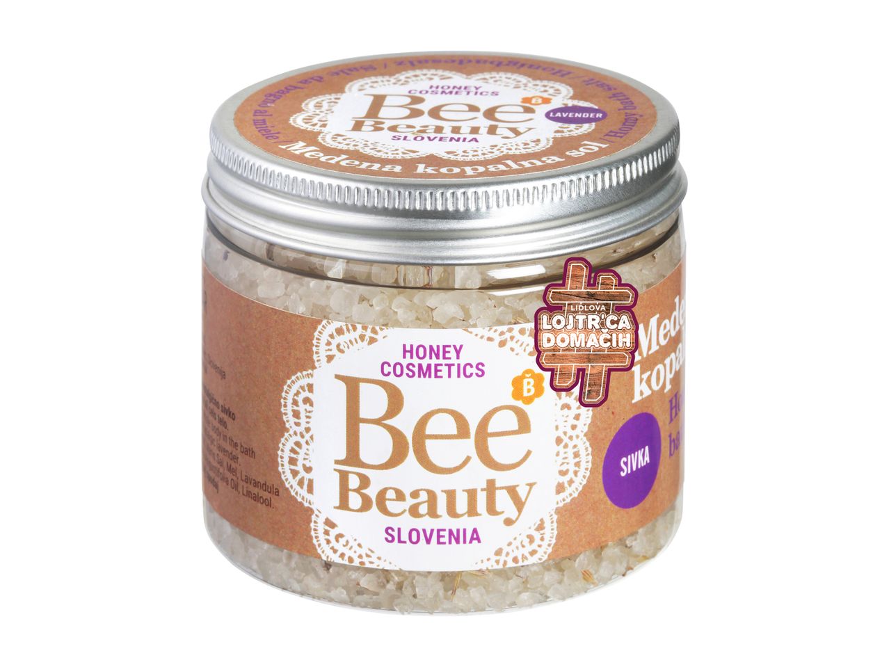 Kozarec medene kopalne soli Bee Beauty z vonjem sivke in sivke.