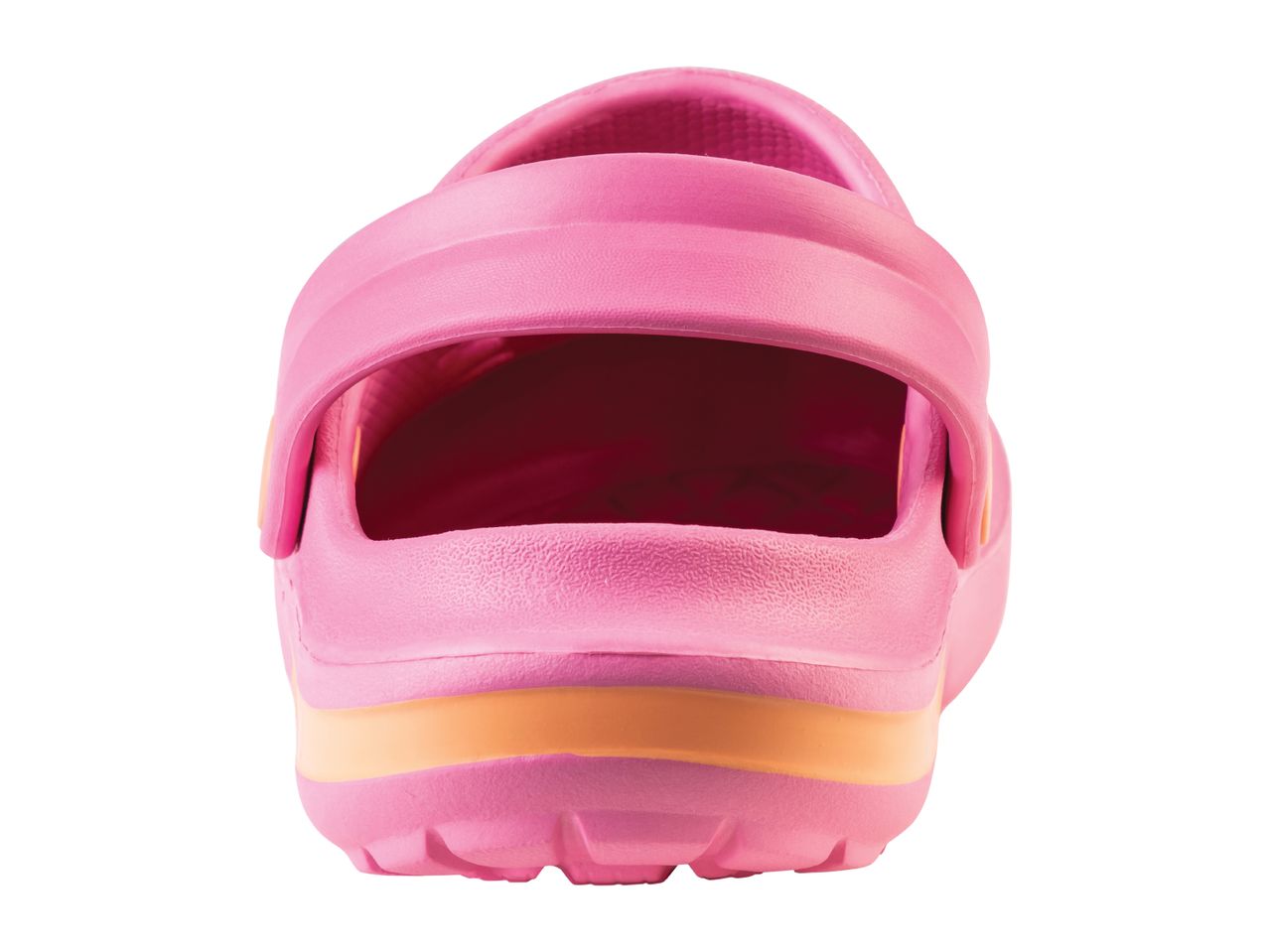Pink children's clogs with an orange stripe.