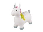 White inflatable unicorn toy with pink, yellow, and green mane and tail
