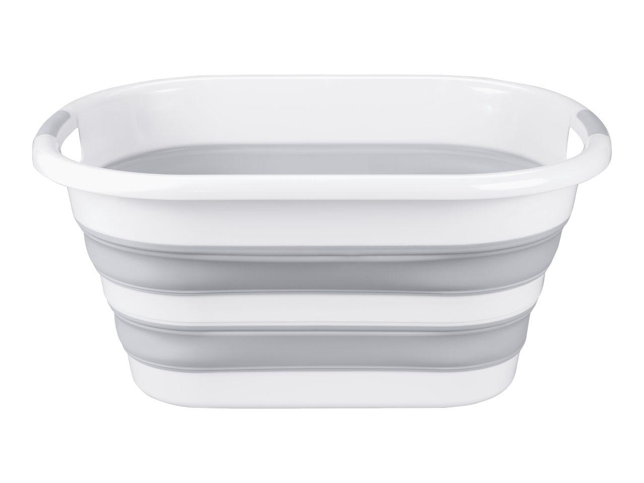 Collapsible plastic laundry basket in white and grey