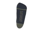 A single dark grey sock with a green heel and toe, and the word 'SATURDAY' written vertically in green on the side.