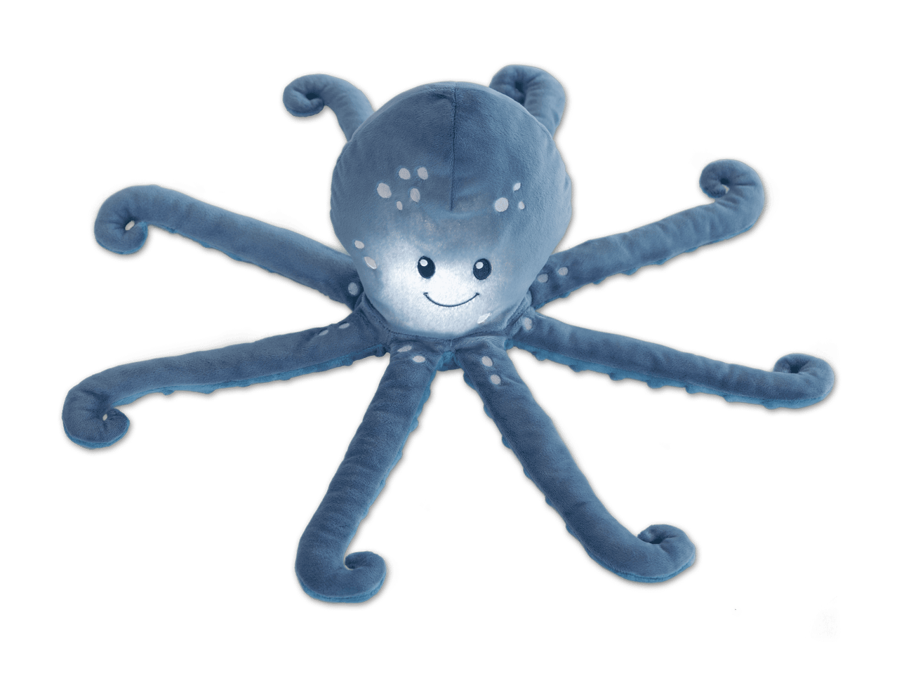 Blauer Oktopus-Plüschtier mit leuchtendem Gesicht und weißen Punkten