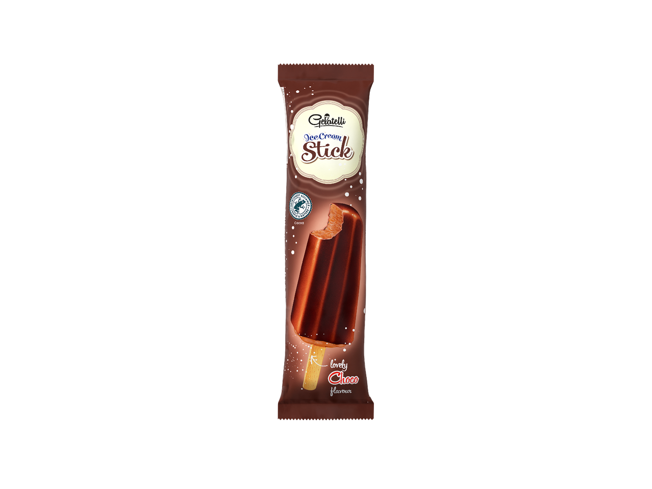 Шоколадов сладолед на клечка с надпис „lovely Choco flavour“.
