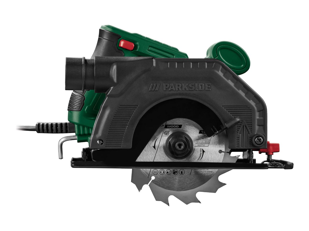 A green and black circular saw with a visible blade, featuring a red power button and a dust extraction port.