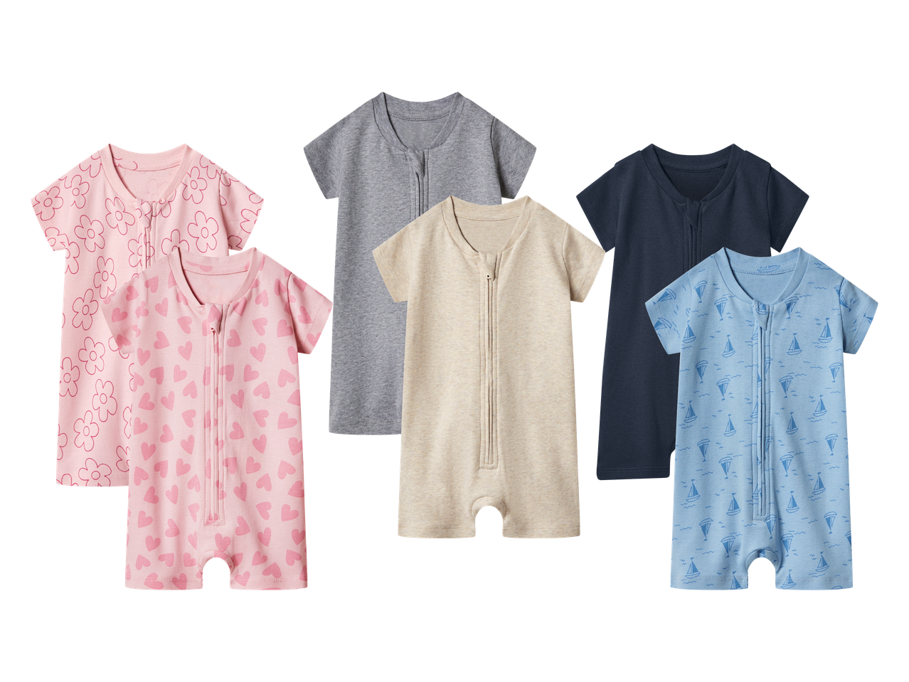 Set od šest dječjih kombinezona kratkih rukava u ružičastoj, sivoj, bež, tamnoplavoj i svijetloplavoj boji.