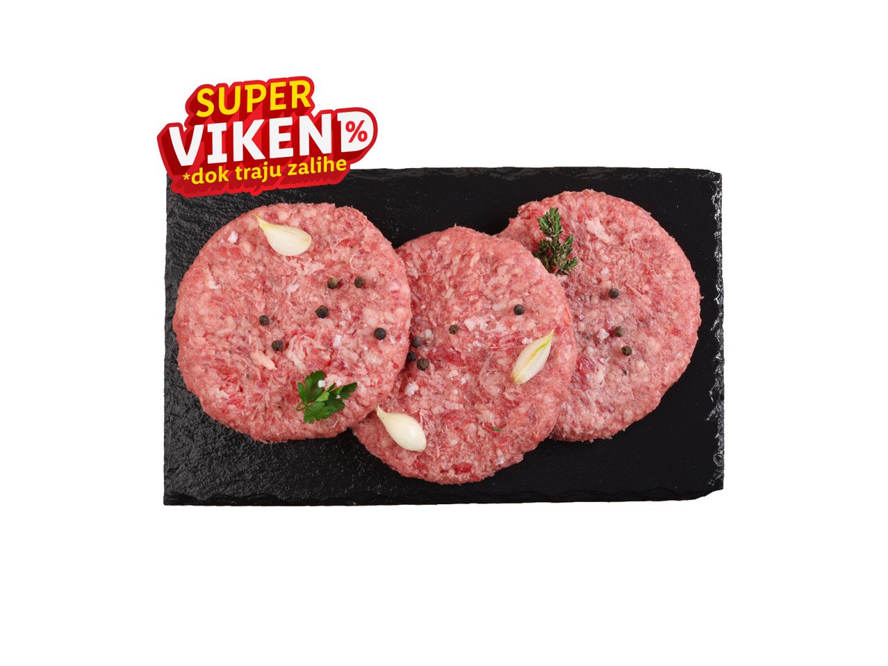 Tri pljeskavice Super Vikend na crnoj podlozi.