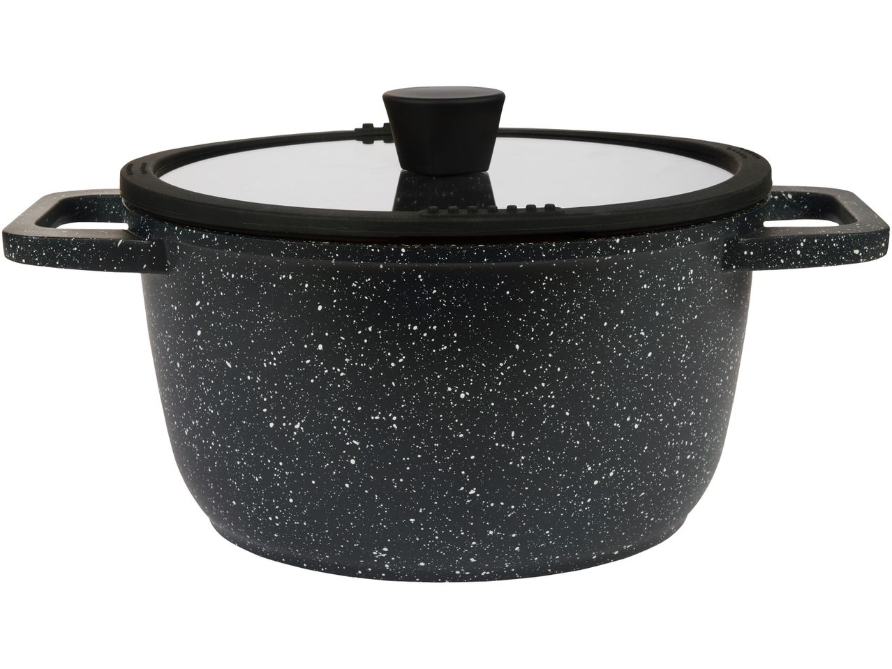 Una pentola nera con coperchio di vetro, in stile moderno.