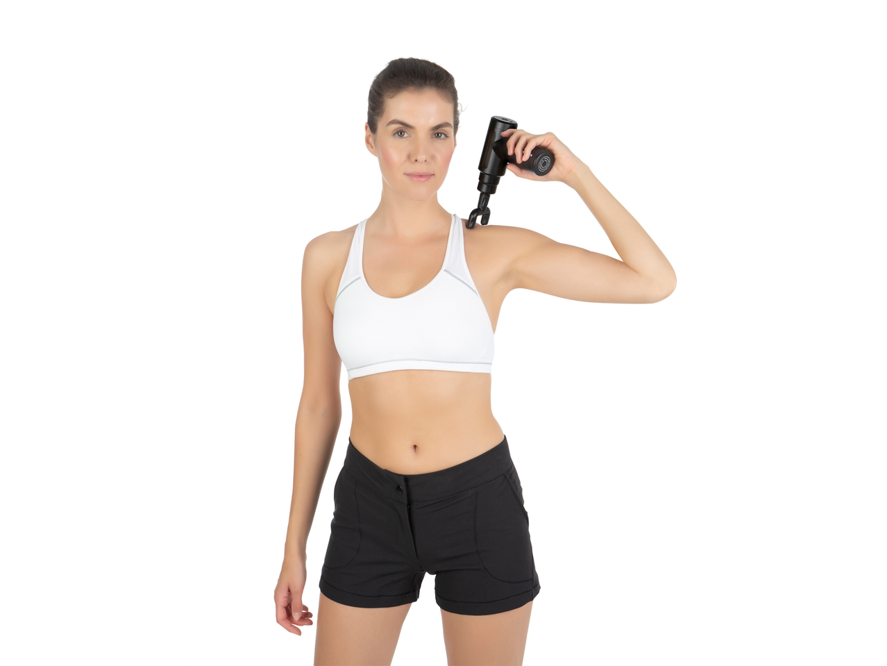 Woman using a Vitalmaxx mini massage gun on her shoulder.