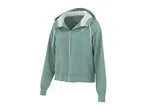 Light green women's hooded jacket with a white zipper and drawstrings.