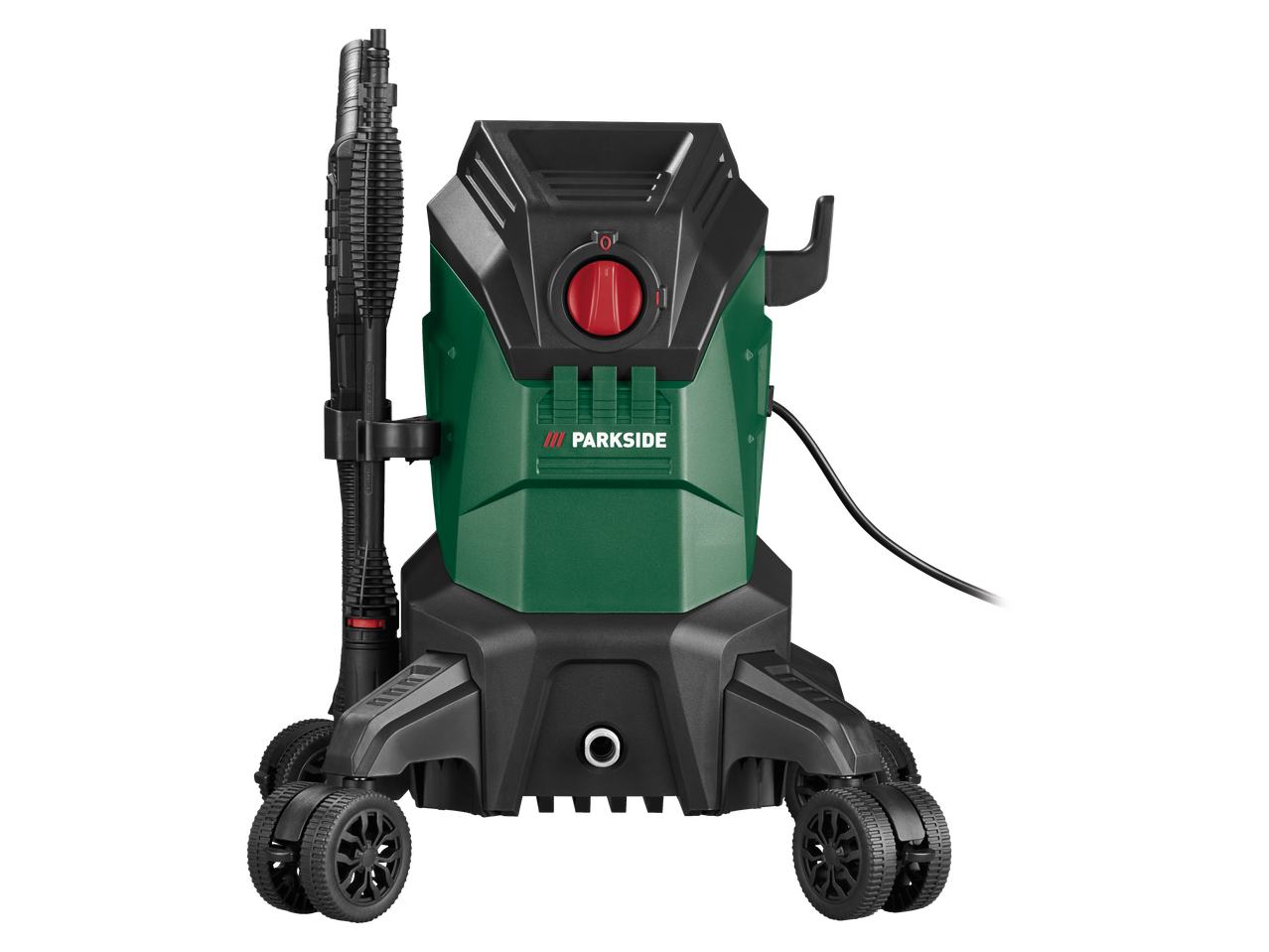Parkside® 2000W Flexible Pressure Washer, green and black, with hose and wheels.