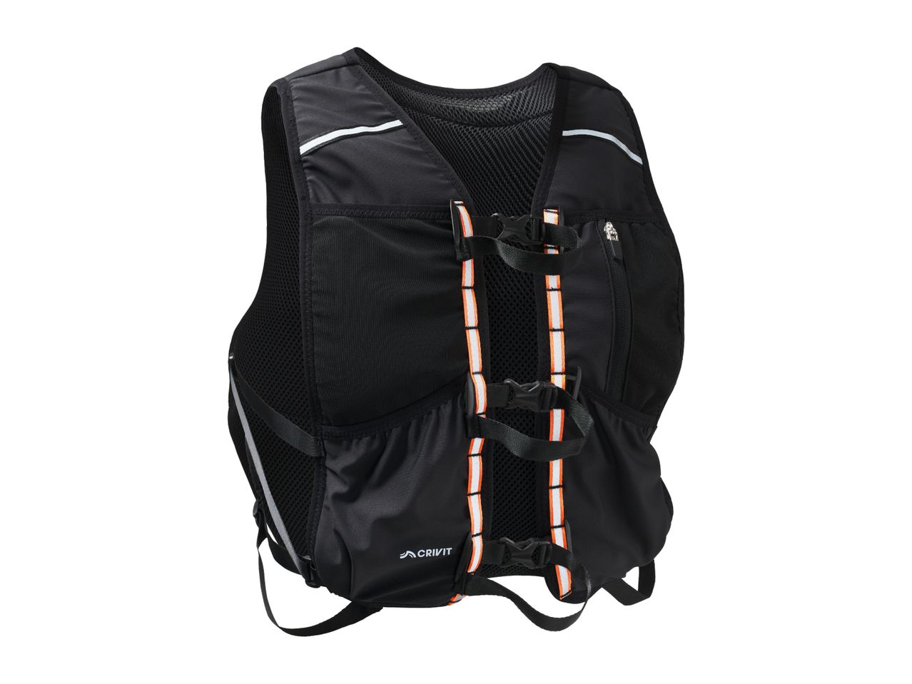 Black running vest with reflective stripes and orange accents