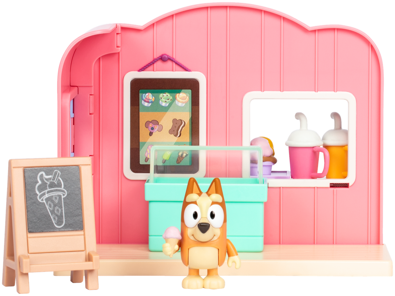 Žaislinis ledų kiosko rinkinys su Bluey figūrėle ir ledų priedais.