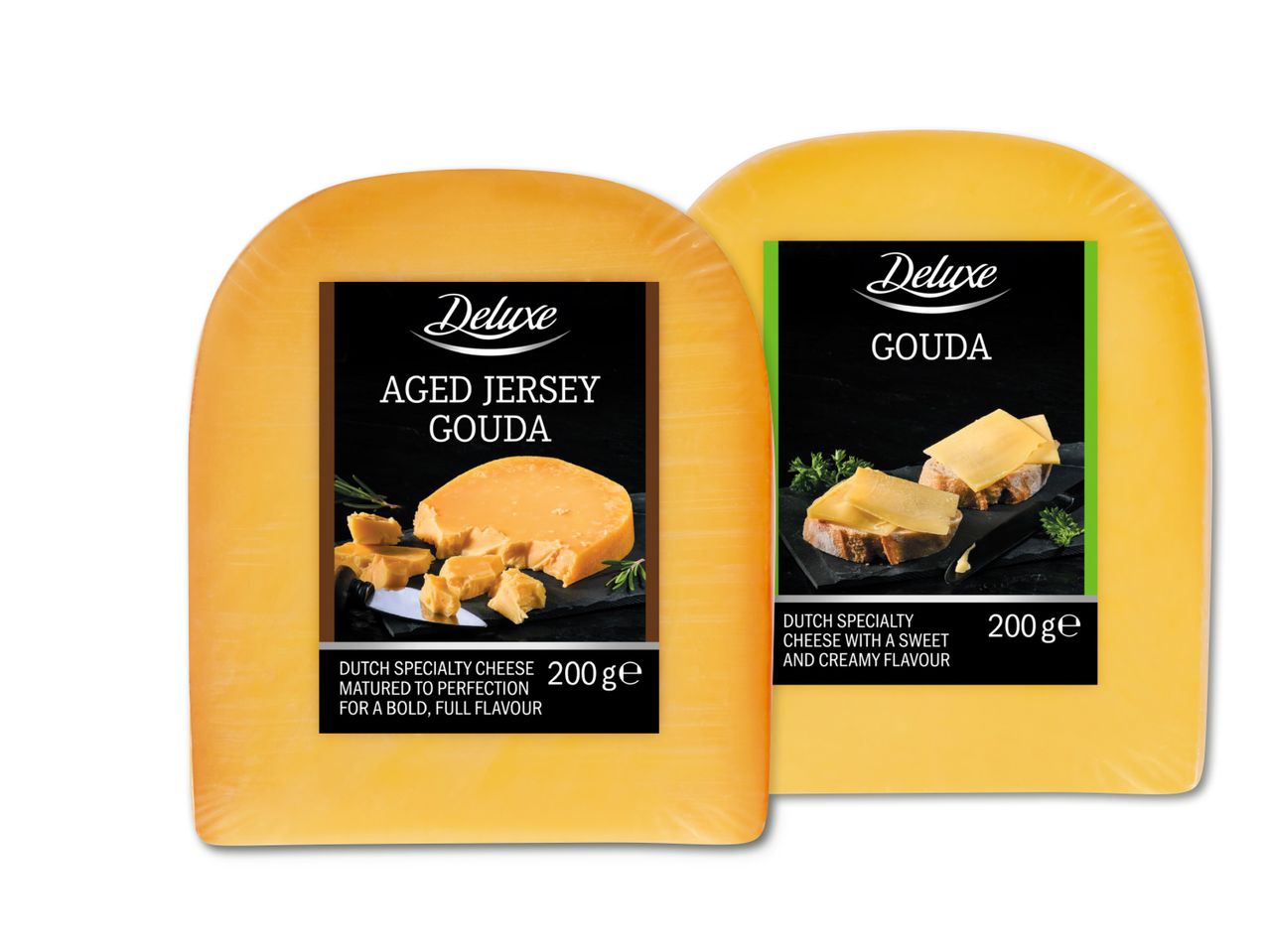 Kaks Deluxe Gouda juustu pakki: laagerdunud Jersey Gouda ja magusa kreemja maitsega Gouda.