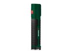 Green and black work light with a red power button
