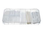 A clear plastic organizer box filled with white heat shrink tubing, including SALIPT brand.