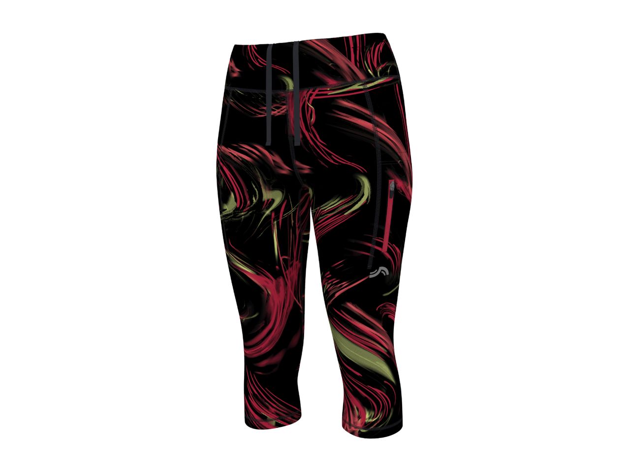 Black capri leggings with a red and green abstract pattern.