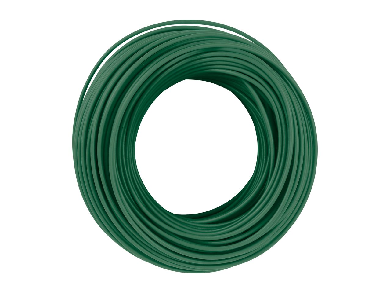 Green garden hose coiled in a circle