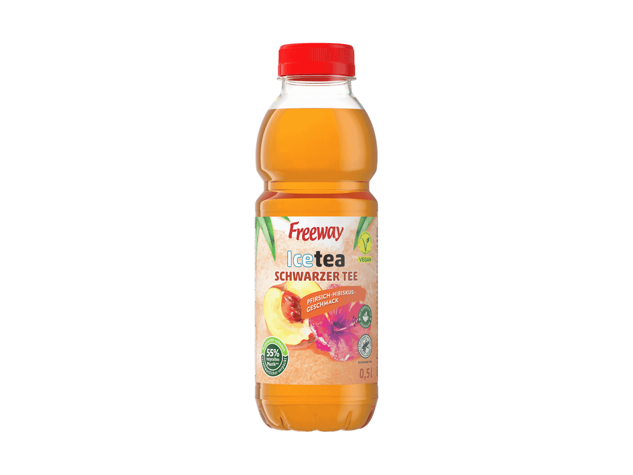 Eistee Schwarzer Tee mit Pfirsich-Hibiskus-Geschmack in einer 0,5L Flasche