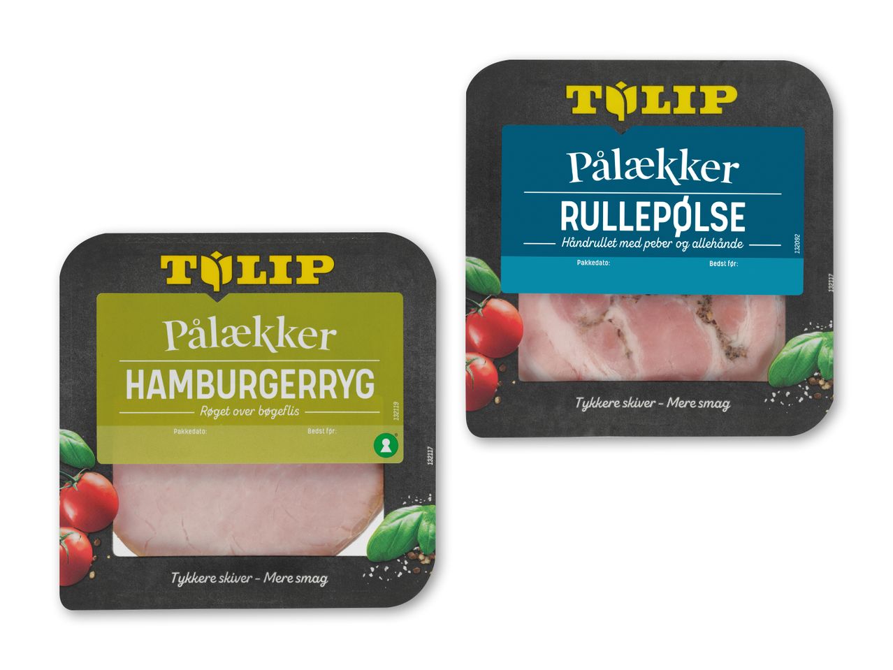 To pakker pålæg: røget hamburgerryg og rullepølse med peber og allehånde.