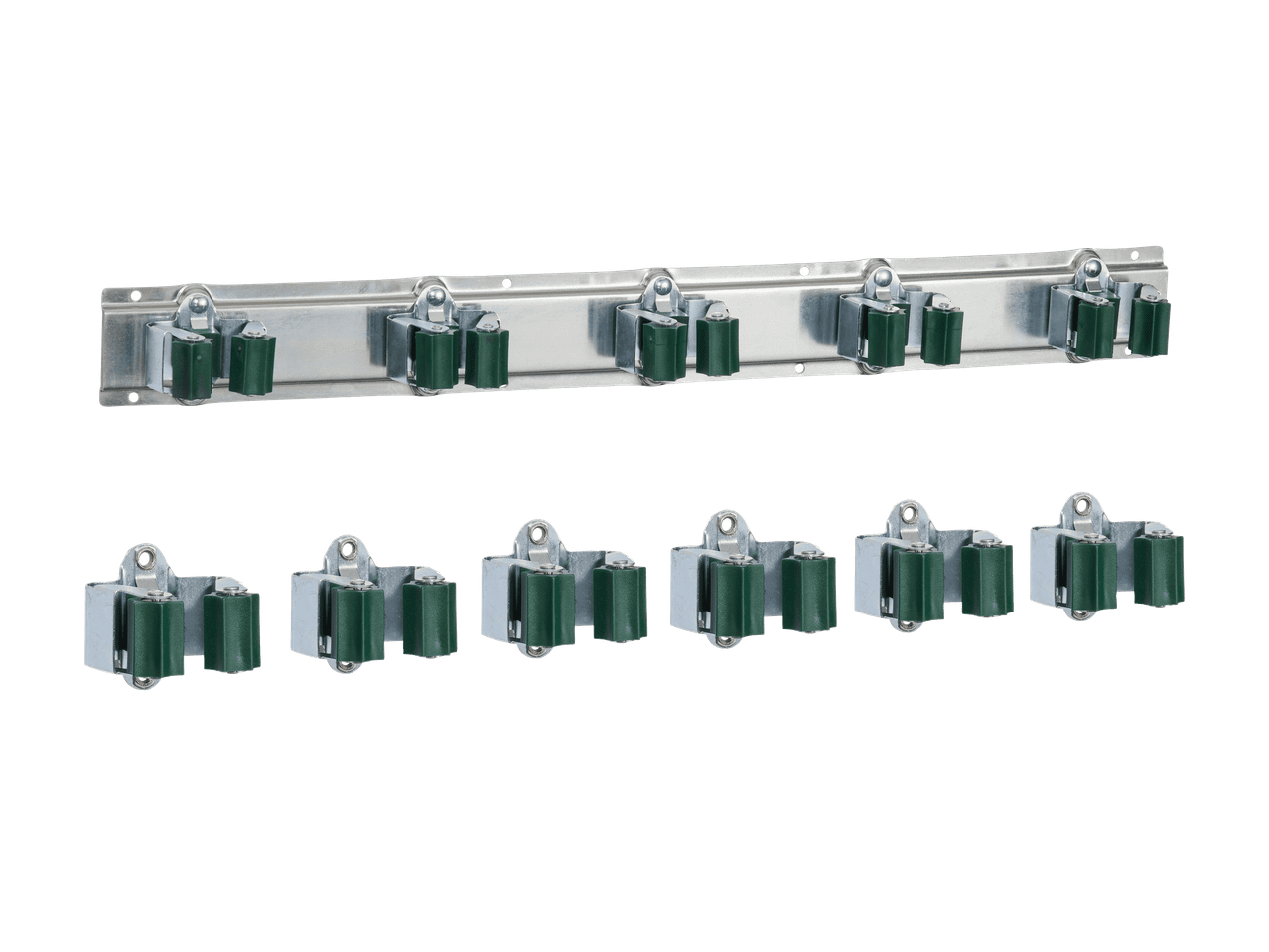 Metallinen seinäteline, jossa on viisi vihreää luutapidikettä, ja seitsemän irrallista luutapidikettä.