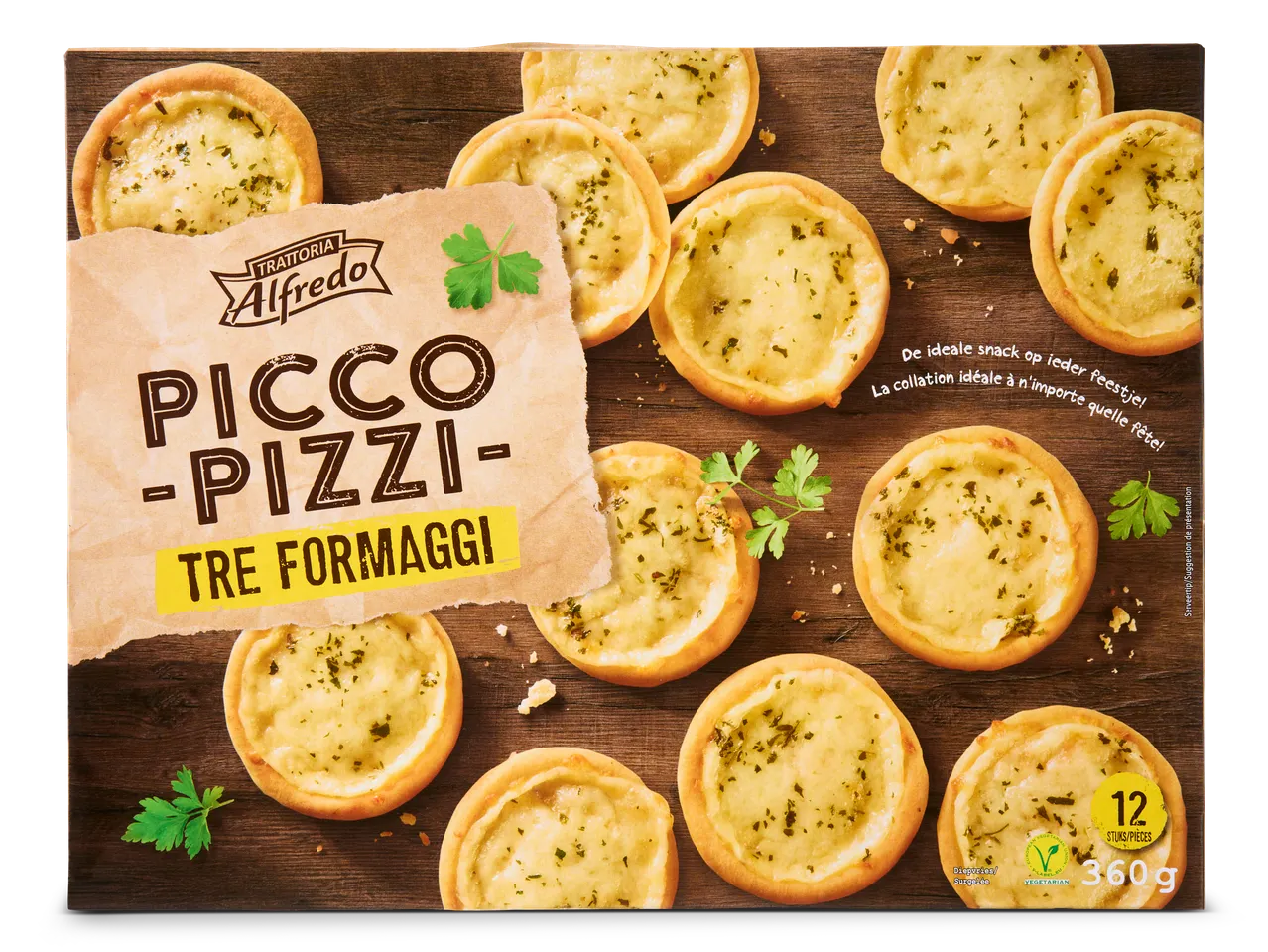 Trattoria Alfredo Picco Pizzi Tre Formaggi: 12 vriesverse mini pizza's.