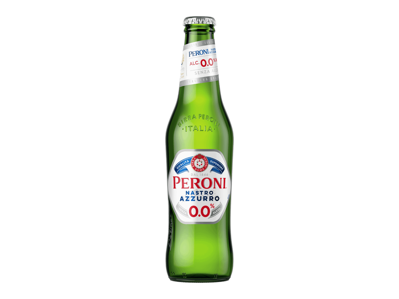 Peroni Nastro Azzurro 0.0% alkoholiton olutpullo mustalla taustalla.
