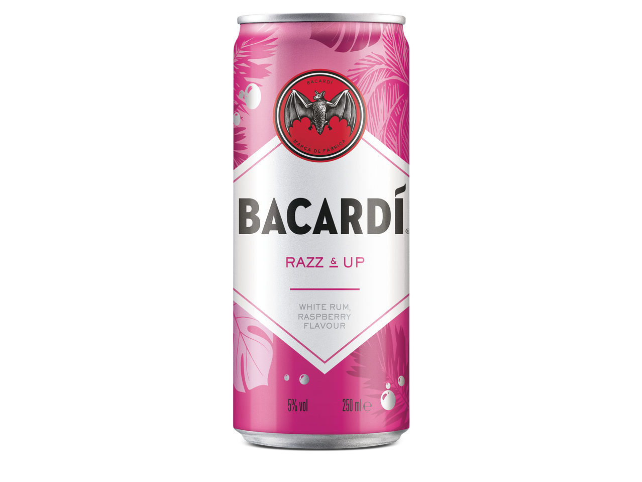 Roze blikje met witte rum en frambozensmaak, 5% vol, 250 ml.