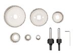 Diamond hole saw set with various sizes, two arbors, and an Allen key.