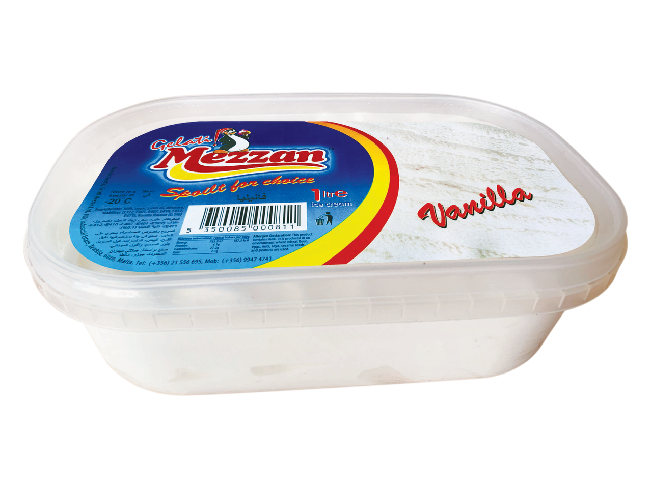 A 1-litre tub of Mezzan Vanilla ice cream.